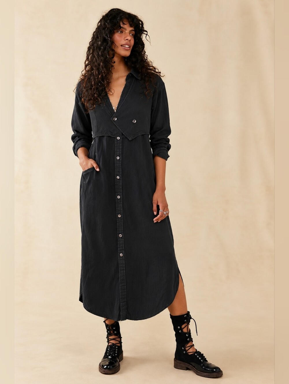 FREE PEOPLE Black Cotton Vest Long Sleeve Midi Butyon Up Shirtdress